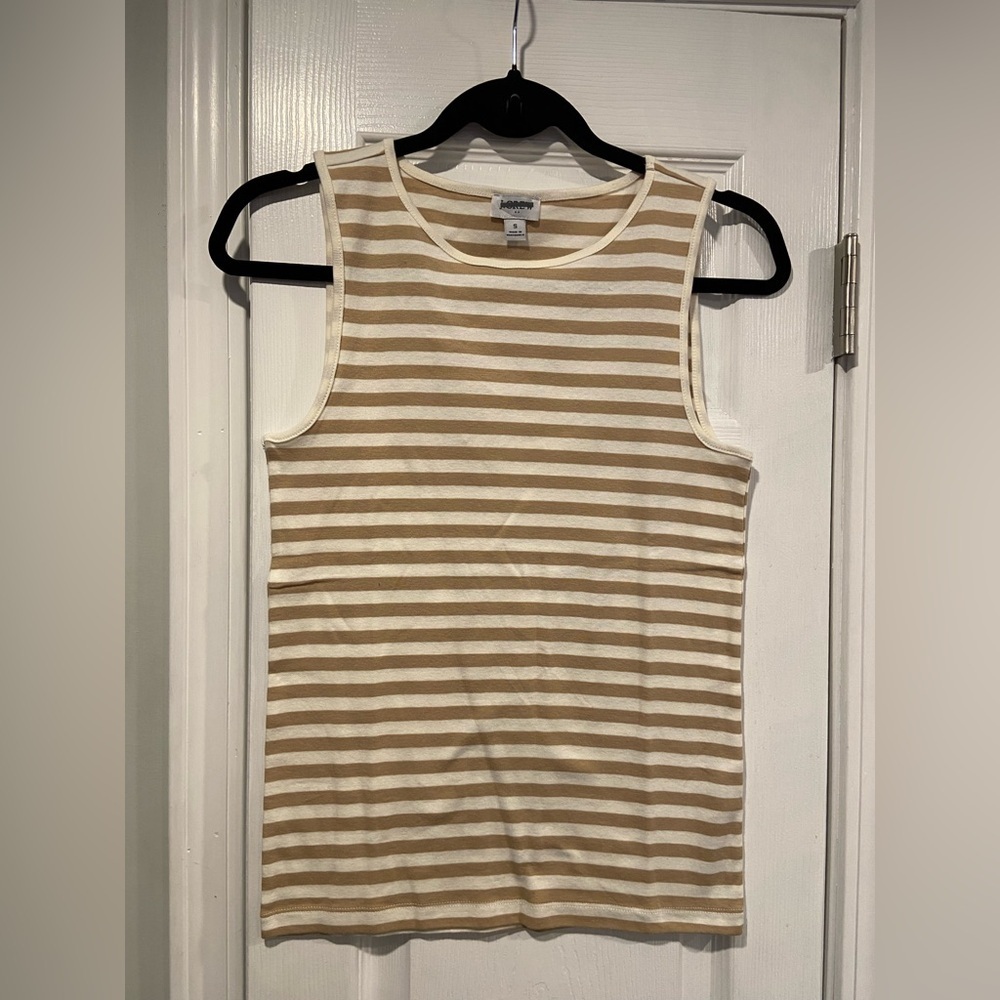 NWOT J. Crew Size S Mid Weight Round Neck Tan Cream Stripe  Knit Cotton Tank Top